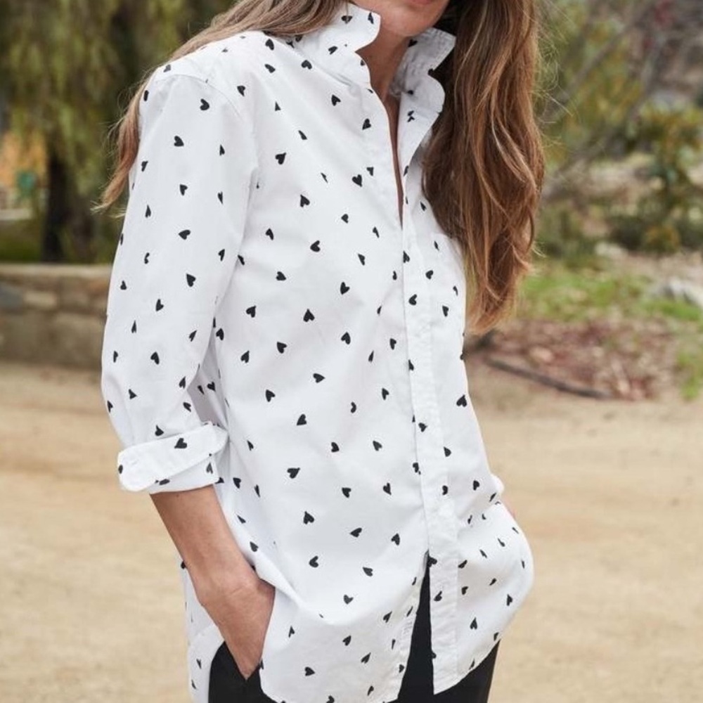 FRANK & EILEEN Silvio Woven Button Up in White & Black Hearts Size XS - Picture 3 of 10